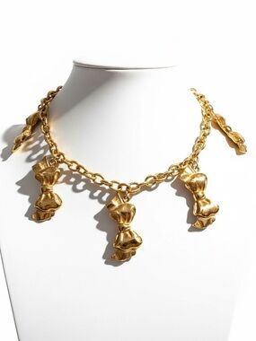 CHANEL Gold-Plated Bow Charm Chain Necklace